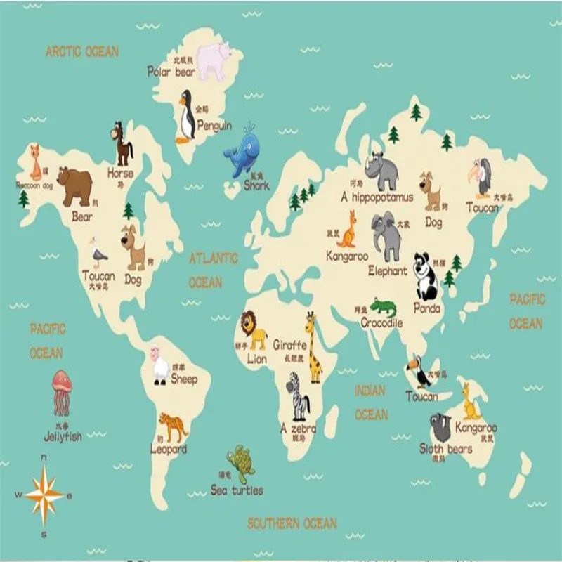 

Animal world map TV background wall high-grade wall cloth manufacturers wholesale wallpaper mural photo wall