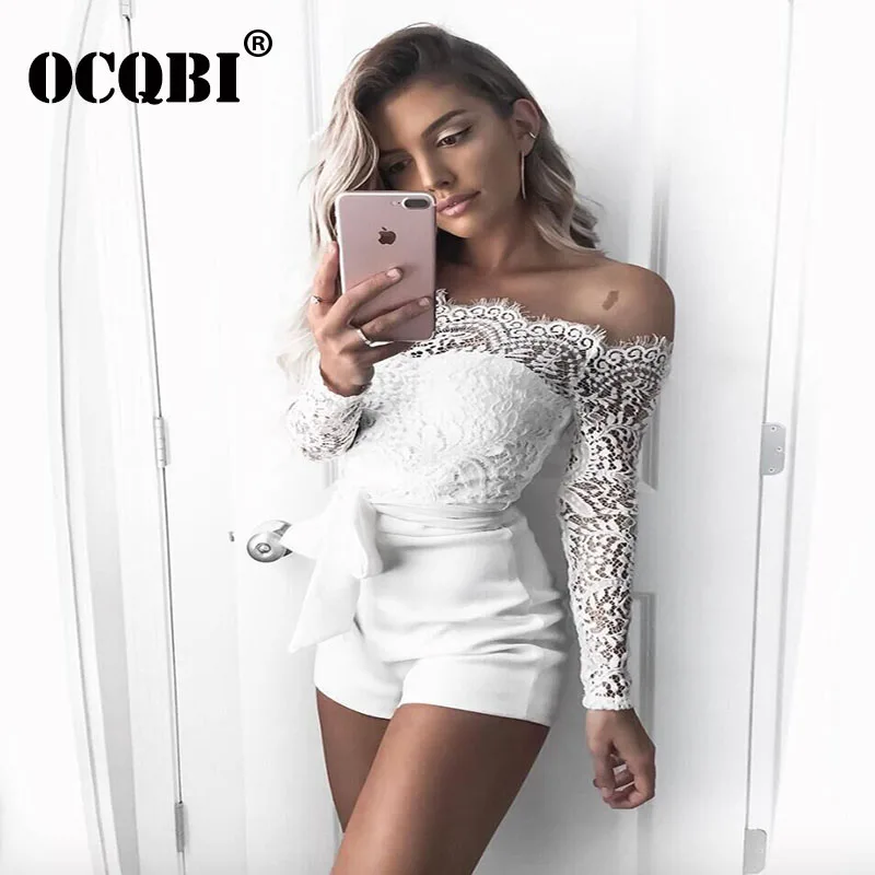 

Casual Off Shoulder Rompers Womens Jumpsuit Long Sleeve Lace Bodysuit Women Lace Up One Piece Playsuits