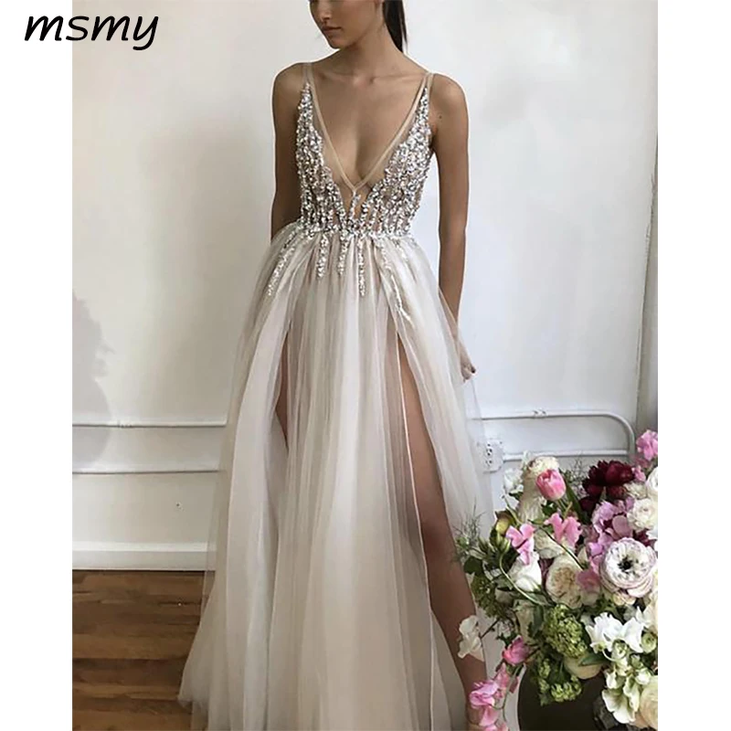2019 Prom Dresses Long Tulle V-neck Evening Gowns Sequin Beaded 179