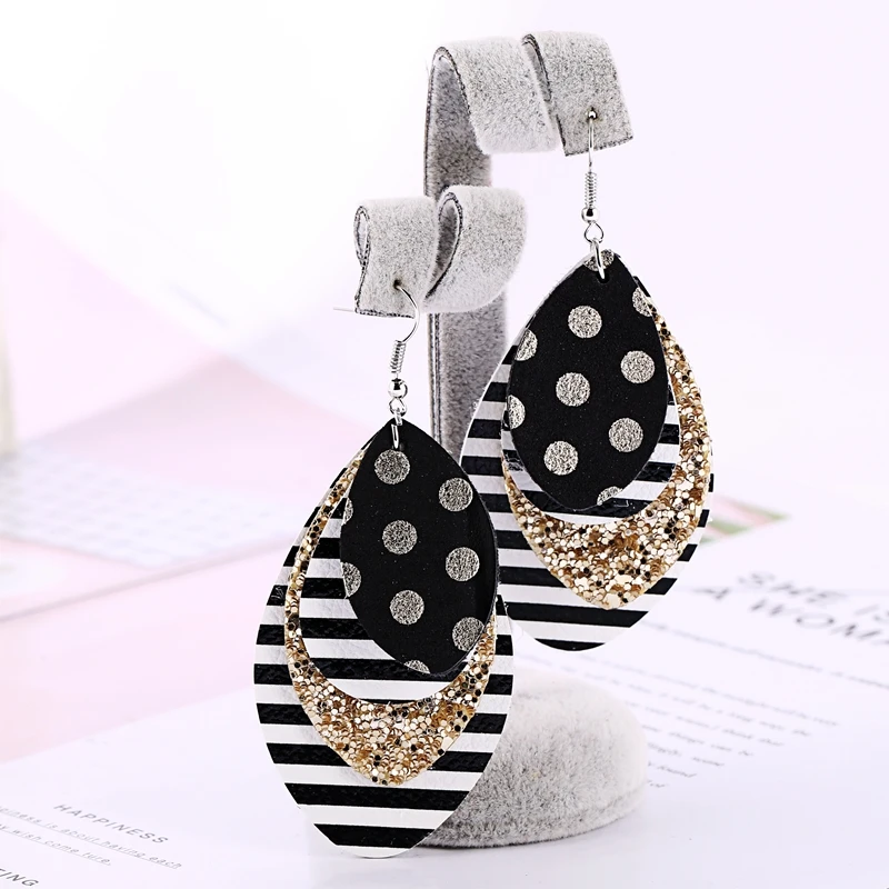 

Four Layers Faux Leather Glitter Stripe Print Teardrop Earrings Flag Leather Earrings Lightweight Leaf Drop Earrings Fashion