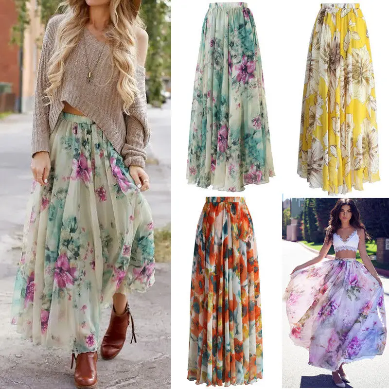 BOHO, модное женское повседневное цветочное Джерси, цыганская длинная юбка макси, летняя шифоновая пляжная длинная юбка от солнца