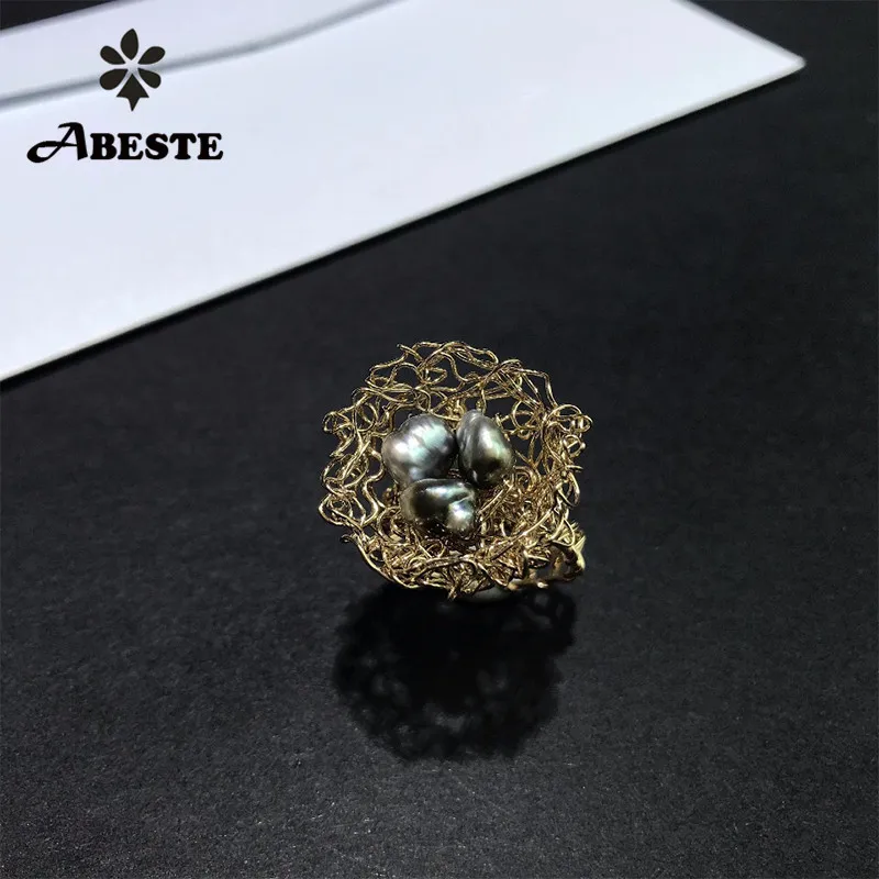 

ANI 14K Roll Gold Handmade Women Ring Natural Tahiti Black Pearl oorbellen Roll Gold bague Engagement Jewelry Irregular shape