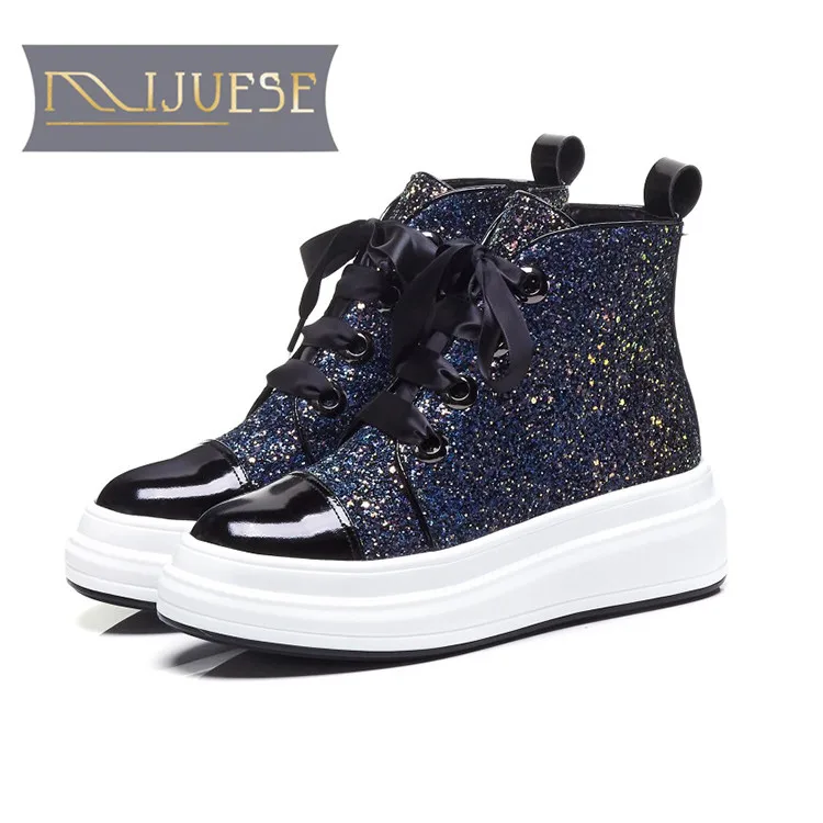 

MLJUESE 2019 women ankle boots cow leather lace up Bling Bling winter warm fur boots platform flats women boots size 34-40