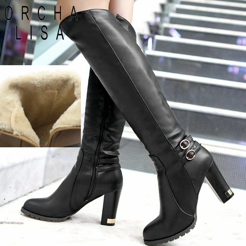 

ORCHA LISA Women Winter Thick Fur Knee High Heel PU Leather Ridding Boots Zipper Long Chunky Heels Botas Feminina Black Brown