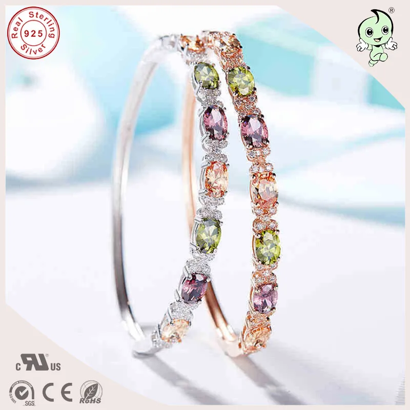 

NEW FASHION Beautiful Colorful Famous Crystals Rose 925 Sterling Silver Jewelry Bangle For Girlfriend