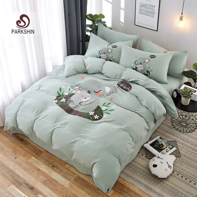 

ParkShin Koala Cartoon Bedding Set Green Bedspread Flat Sheet Pillowcase Bedclothes Duvet Cover Set Decor Washed Cotton Bed Set