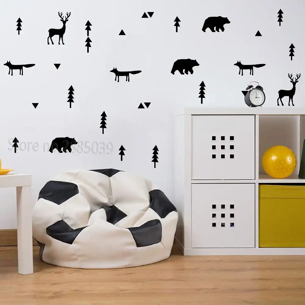 56pcs Set Forest Theme Black Decals Diy Self Sticking Deer Bear Sticker European Style Bedroom Decor Vinyl Wall Stickers Jw591