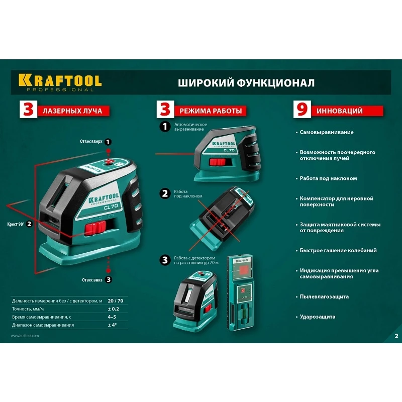 Уровень лазерный автоматический KRAFTOOL CL-70-4 (вертикаль, горизонталь, крест, точность 0,2 мм-м)