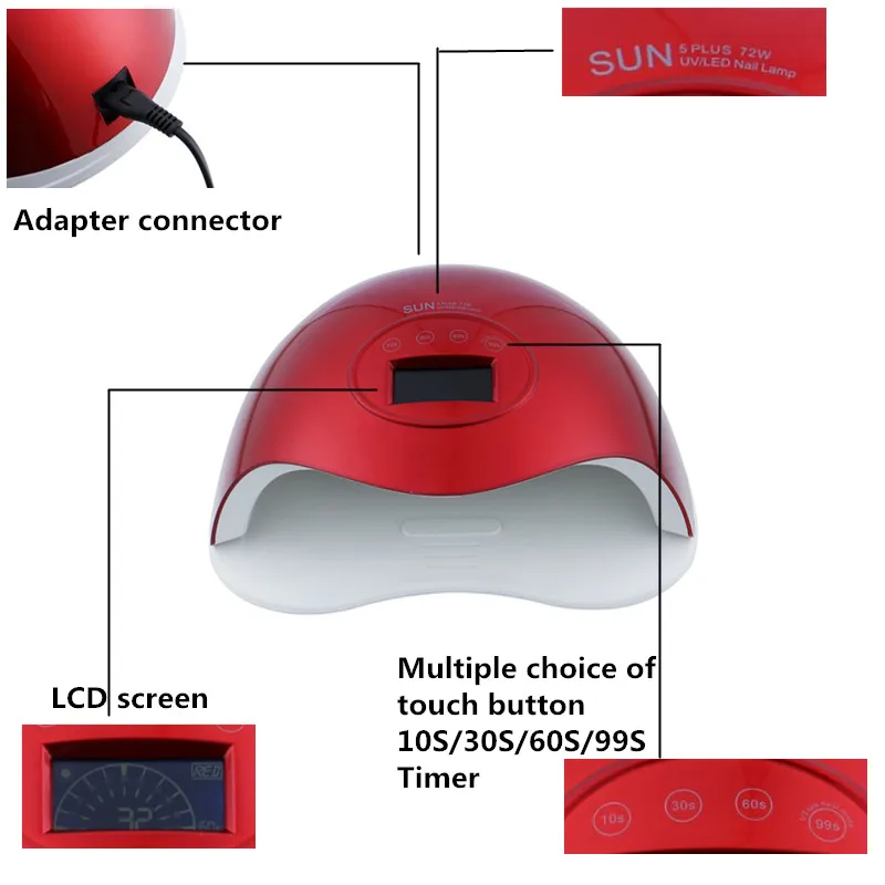 SUN5 УФ светодиодный светильник для Сушилка для ногтей Солнцезащитная лампа для маникюра 72 Вт жидкокристаллический смарт-дисплей для всех гель лак для ногтей инструменты для дизайна ногтей