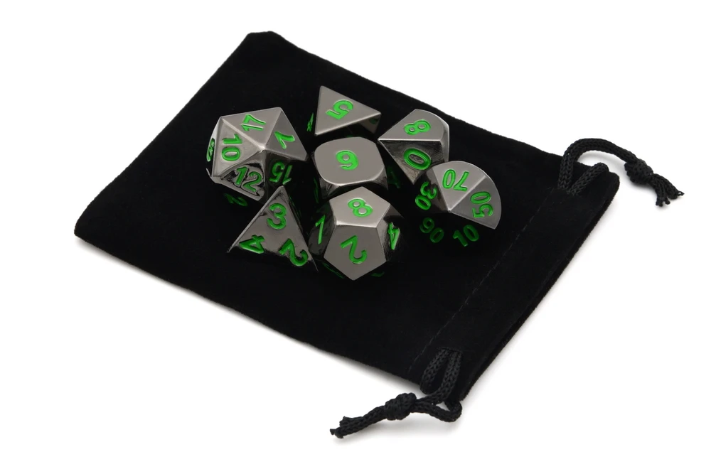 Черные хромированные металлические ролевые кости с зелеными цифрами для настольных игр DnD MTG D4 D6 D8 D10 D% D12 D20 и черный Чехол