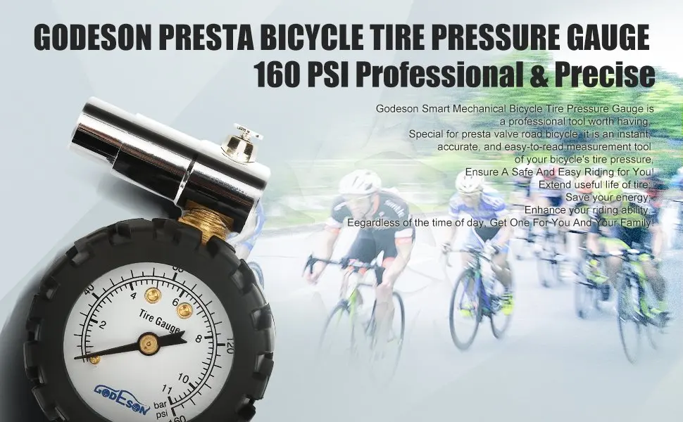 Godeson Presta клапан BicycleTire манометр 0-160psi и 0-11bar