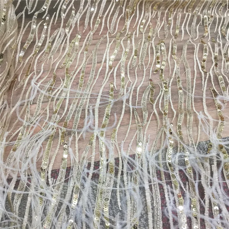 

HFX High Quality Gold French Lace Fabric Embroidered French Feather Tulle Laces Latest African Laces Sequin Fabric X964-1