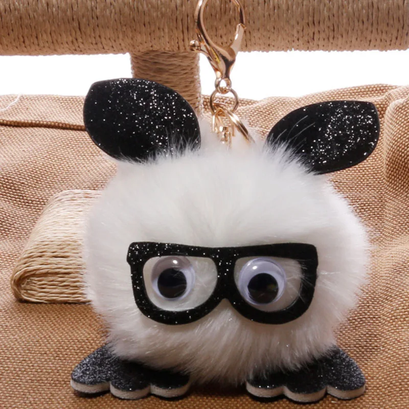 Cute Eyeglass Owl Fur Ball Keychain Imitated Animal Pom Plush Key Chain Keyring for Women Holder Jewelry QS1813 | Украшения и