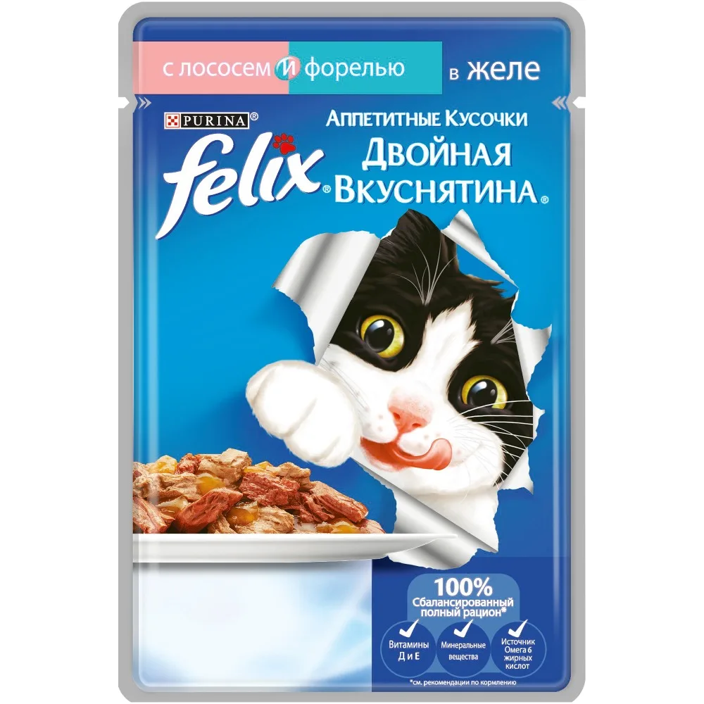 Влажный корм Felix Аппетитные кусочки Двойная вкуснятина для кошек с лососем и форелью в желе, Пауч, 24х85 г