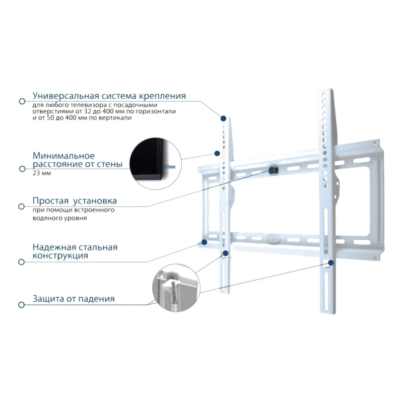ТВ Кронштейн Kromax IDEAL-3 new white (Настенный, сталь, LED/LCD/PLASMA телевизоров 22\'-65\', max 50 кг, настенный, 0 ст свободы, от стены 23 мм, max VESA 400x400 мм, водяной уровень, тонкий профиль)