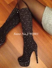 Sexy Black Crystal Embellished Platform Boots High Round Toe Side Zipper Knee High Long Boots Winter Women Dress Shoes Thin Heel woman genuine leather platform square heel knee high boots round toe side zipper dress winter boots black