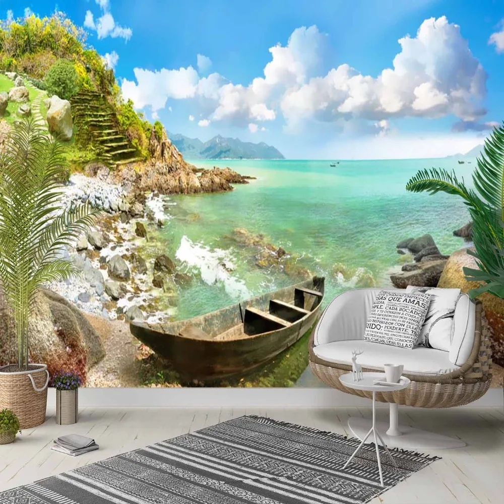 

Else Tropical Palm Blue Sky Sea Side Sandals 3d Photo Cleanable Fabric Mural Home Decor living Room Bedroom Background Wallpaper
