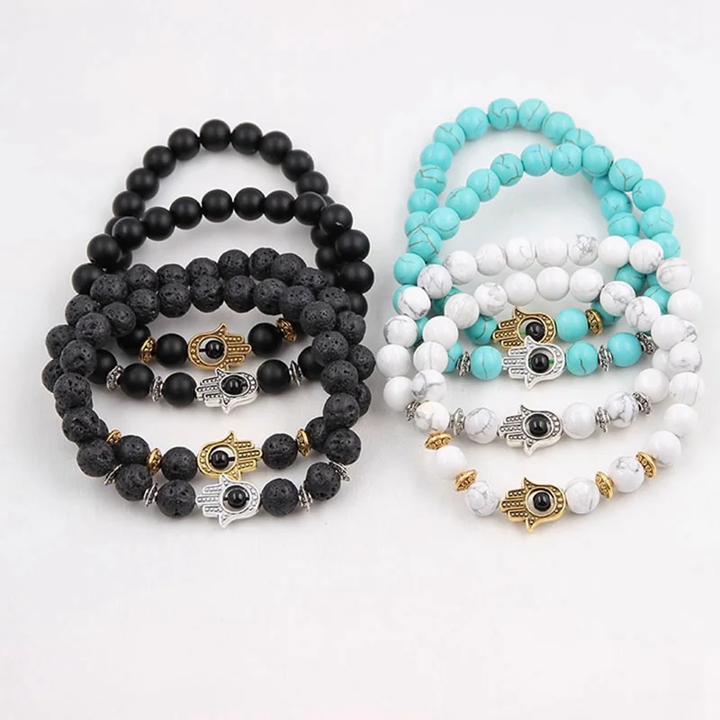

Black White Blue Matte Bead Lava Stone Beaded Bracelet Women Fatima Hamsa Hand Bracelet Men Jewelry