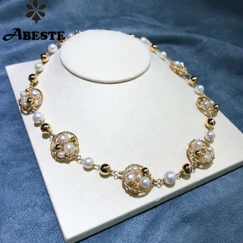 

ANI 14K Roll Gold Handmade Women Torques Natural Freshwater White Pearl Gold Necklace fine Engagement Jewelry Fashion Design
