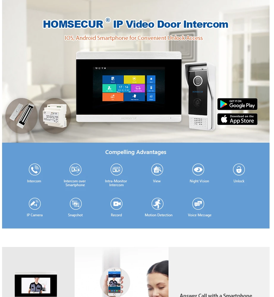 Homssecur 7 "Hands-free WiFi IP проводной видео и аудио Домашний домофон 1.0MP с памятью монитор 180 кг магнитный замок в комплекте для дома