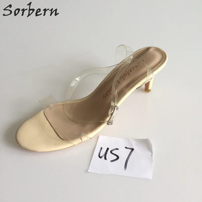 

Sorbern In Stock US7=EU37 Nude 6CM Women Sandals Shoes Ankle Strap PVC Buckle Strap Ladies Party Shoes Real Image Shoes
