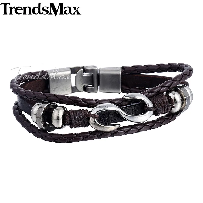 Trendsmax, мужской кожаный браслет, черный, коричневый, 3 нити, цепочка, кожаные браслеты для мужчин, Буква s, шарм,, ювелирное изделие, KLBM105