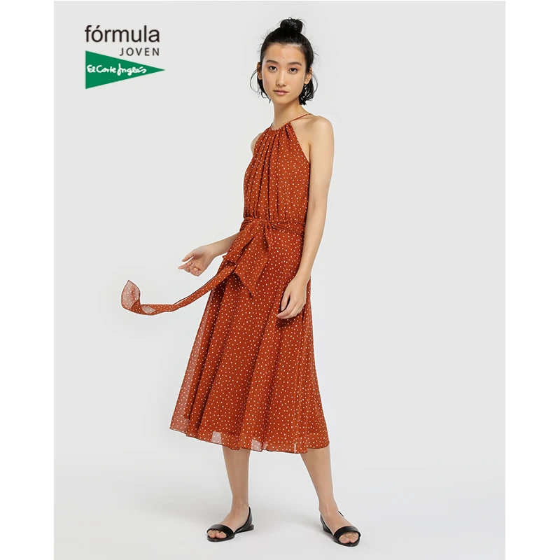 Fórmula Joven Vestido Marrón Topos Escote Halter Estilo Clásico Calidad Buena Moda Mujer Nueva Selección Diseño 2019 El Corte Vestidos| AliExpress