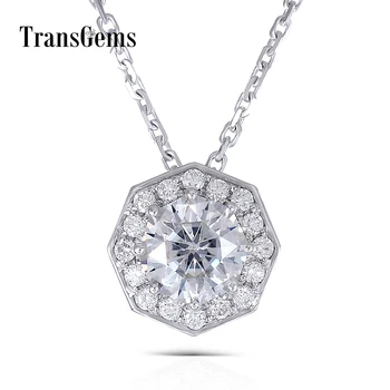 

Transgems Solid 14K White Gold 585 6.0MM 1 Carat F Color Moissanite Octagon Cutting Halo Pendant Slide Necklace for Women