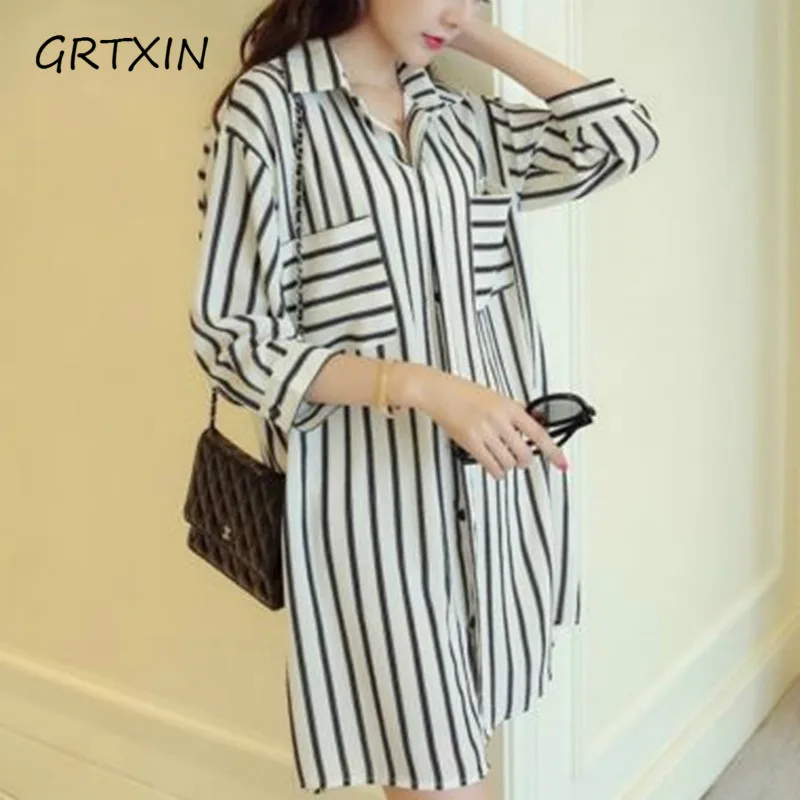

2019 Womens OL 3/4 Sleeve Shirt Striped Long Blouses Loose Tops Blusas Femininas Korean Style Plus Big Size M-5XL