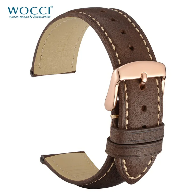 WOCCI Watch Band-винтажный кожаный ремешок для часов, выбор цвета и ширины(18 мм, 19 мм, 20 мм, 21 мм или 22 мм), Пряжка из розового золота