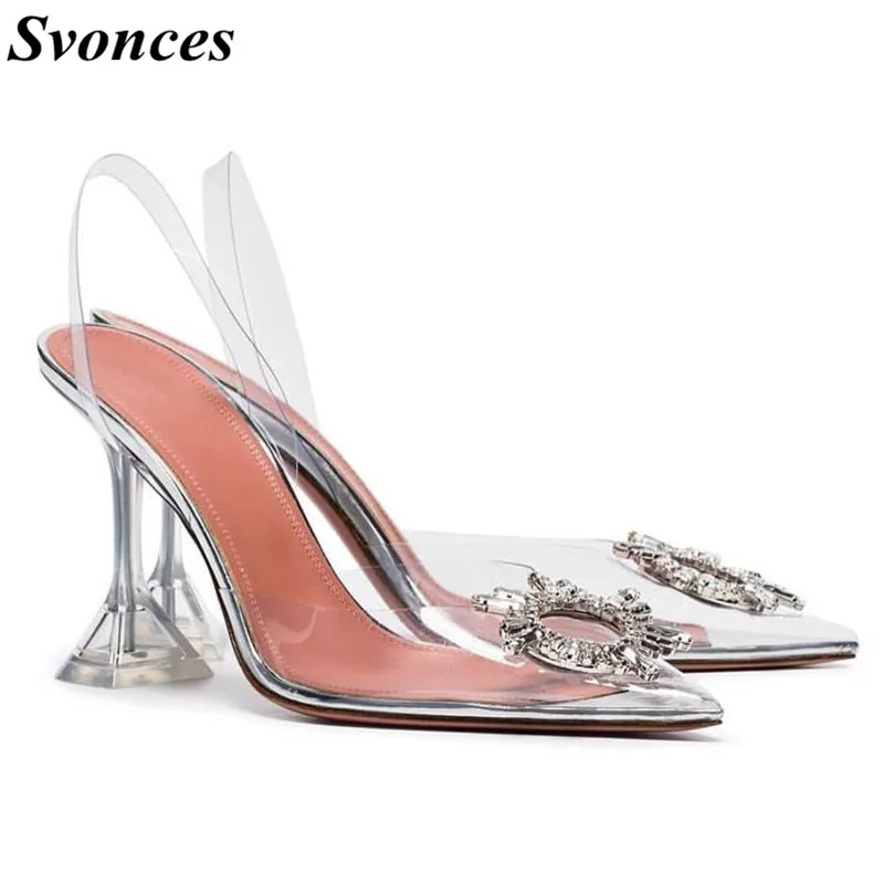

PVC Transparent Crystal Shoes 2019 Summer Clear Heels Pointed Toe Strange Heel Slingbacks Formal Ladies Bling Bling Party Shoes