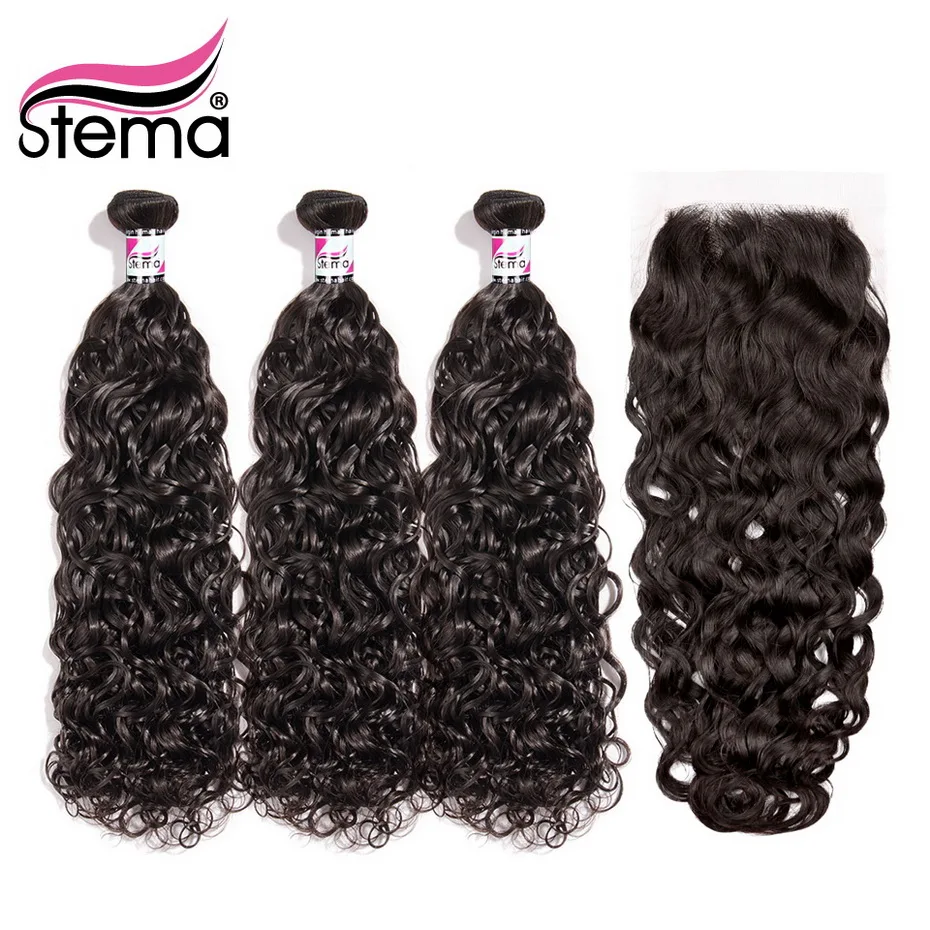 

Stema Brazilian Water Wave Human Hair Bundles With Closure 3PCS Hair Weaves With Lace Closure 4x4 Free Part Remy Hair Extension