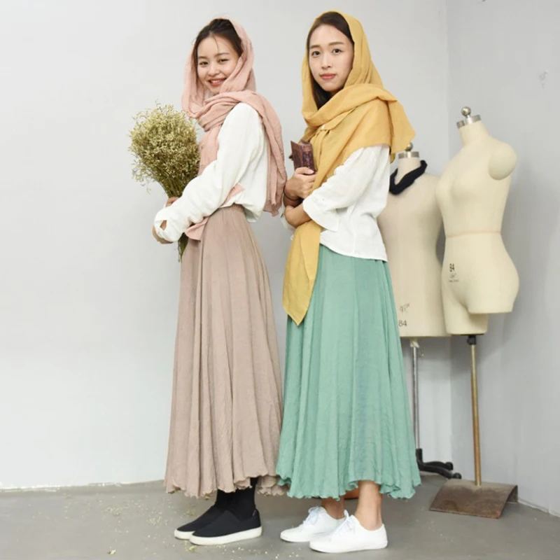 Женская длинная юбка из хлопка и льна с высокой талией|faldas saia|pleated maxi skirtpleated |