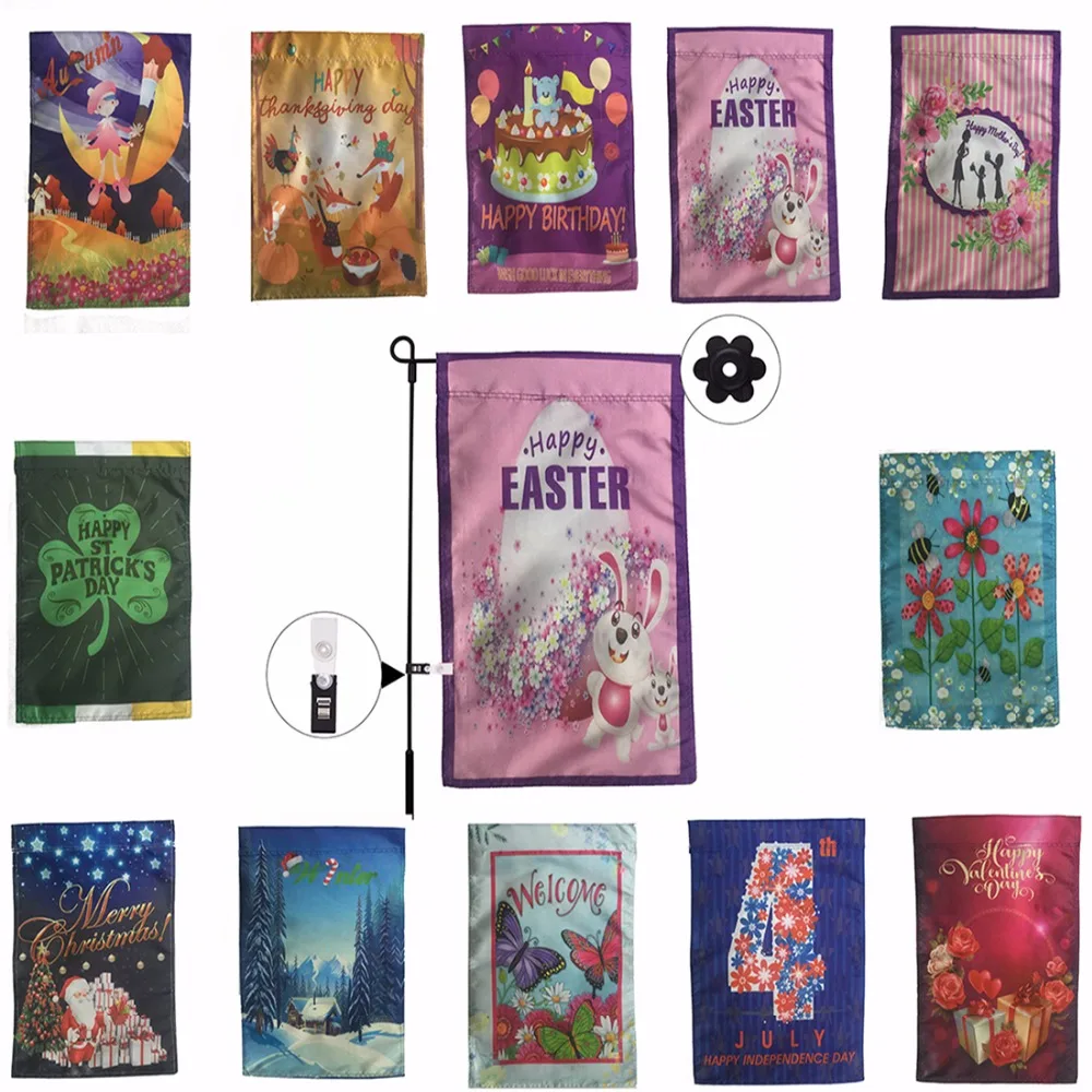 

Digital Printing 12*18 Inches Seasonal Outdoor garden flags with rubber stopper and windproof clip