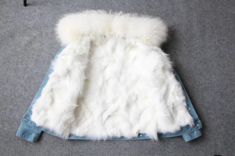 Новое модное женское зимнее пальто воротник мех енота Куртка деним подклад мех лисы бренд стиль парка