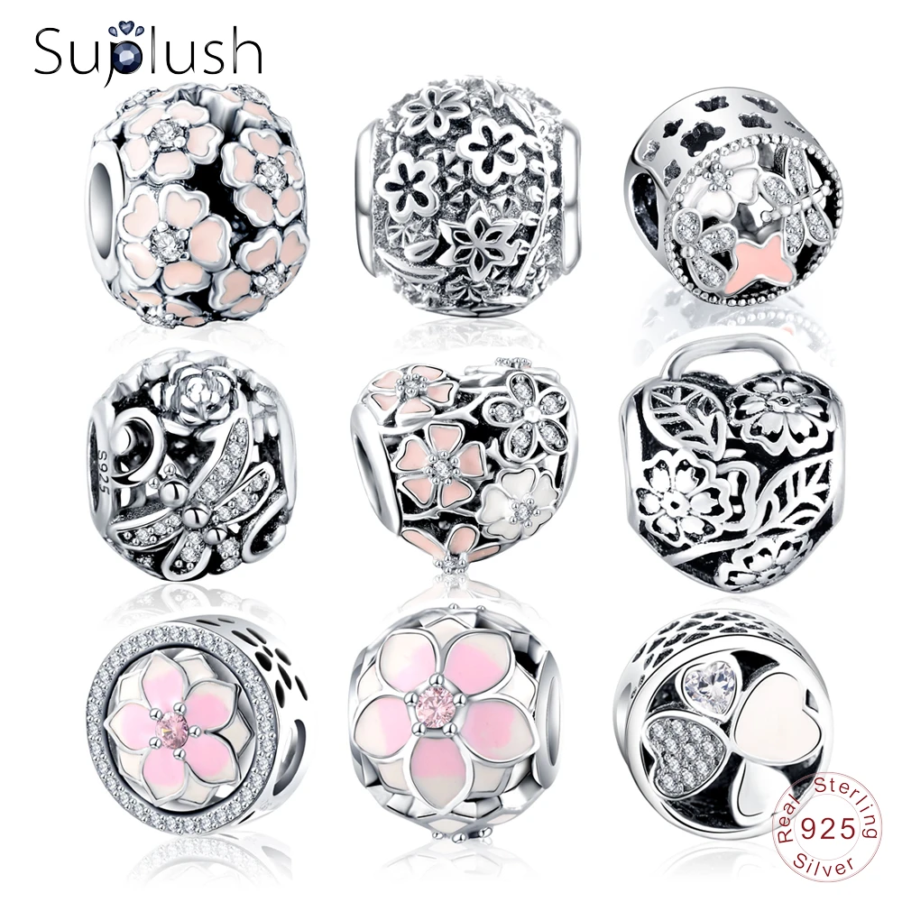 Suplush Горячая 925 стерлингового серебра цветок Enamal Подвески Цветочные бусины