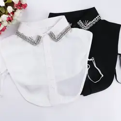 Корейский стиль Хрустальные бриллианты шифон накладной воротник от рубашки для женщин Бисероплетение съемный Peto Mujer Chemisier повседневная