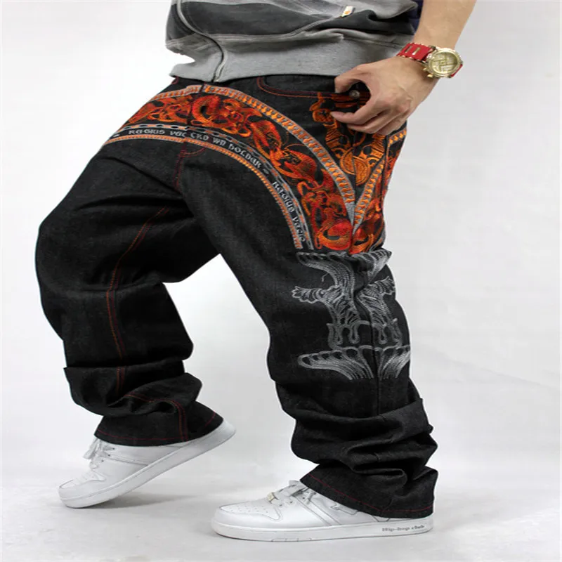 Denim Jeans Men Baggy Fashion Letter Patern Black Colour 2019 Hip-Hop Rap Pants Loose Denim Jeans Plus Size Big Boyz 30-46