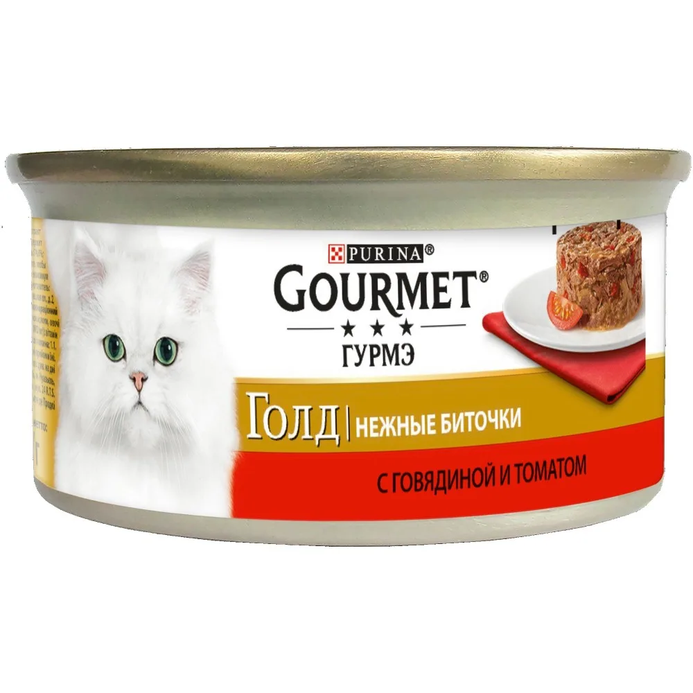 Корм для кошек Gourmet Gold Нежные биточки, с говядиной и томатами, влажный, 12 банок по 85 г