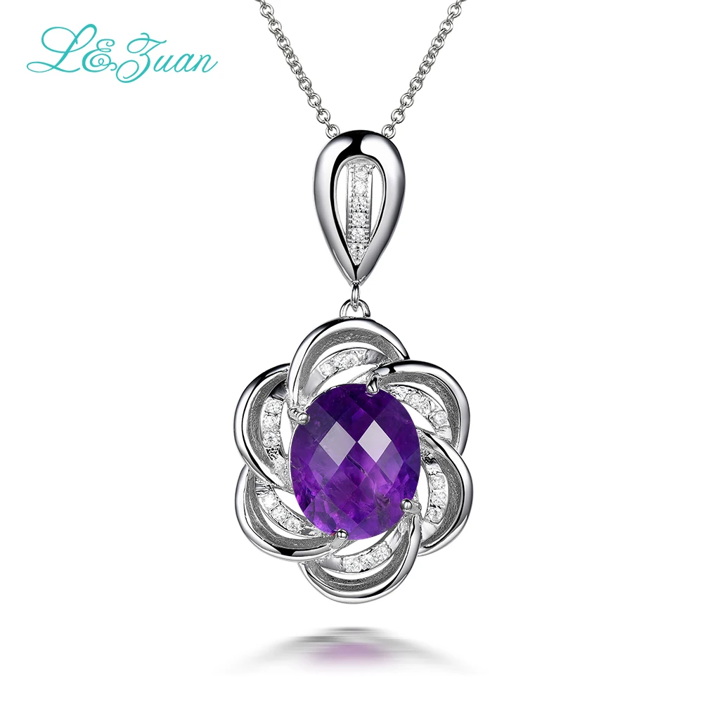 

L&zuan Real 925 Sterling Silver Pendants Necklaces For Women Luxury 100% 7.05ct Natural Amethyst Flower Pendant Fine Jewelry