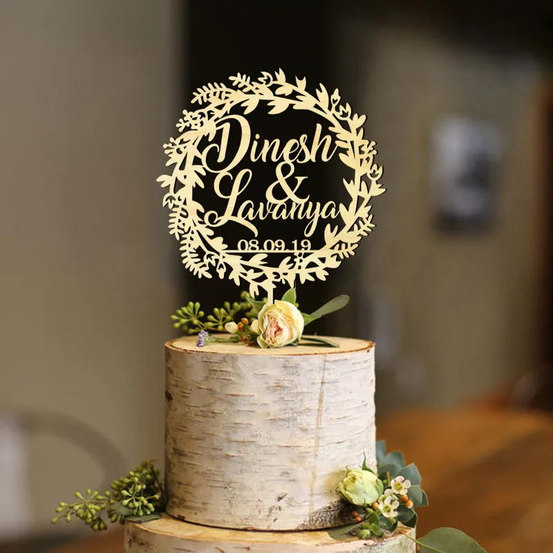 Персонализированные деревянные Топпер для свадебного торта с именами и датой, венок акриловый Топпер для свадебного торта, Фамилия Свадебный Топпер для торта