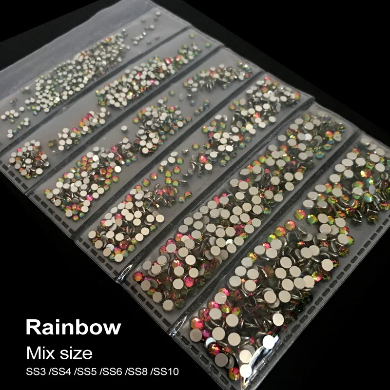 

New packag Rainbow SS3-SS10 mix size 1728pcs Decorations Stone for Nail Art, Flat Back Non Hotfix Glue on Nail Art Rhinestones