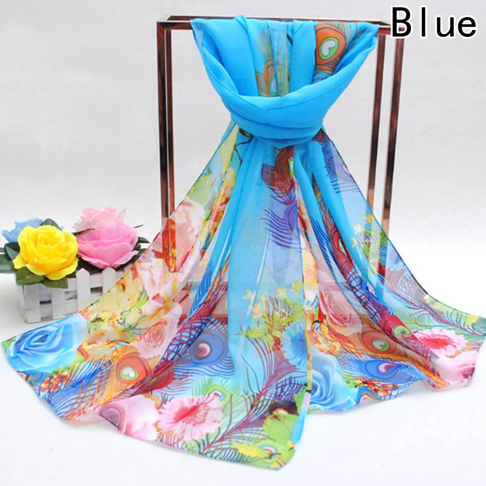 1PC Designer brand scarves peacock feather print stole chiffon silk scarves muffler soft long