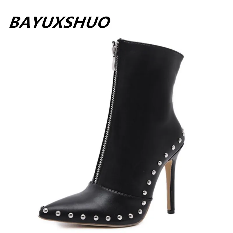 

BAYUXSHUO Women Ankle Boots Roman Rivet High Heels Sexy Stiletto Chelsea Booties Fashion Brand Design Ladies Party Shoes Woman