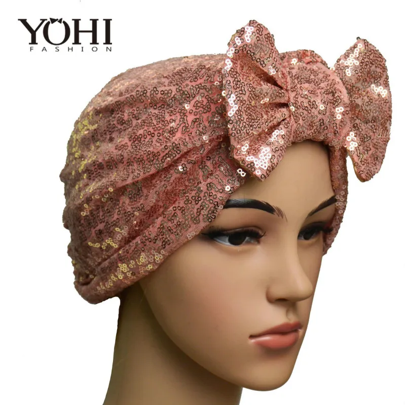 Элегантный женский бантик бабочка блестки головной платок обертывание головы тюрбан мягкий тюрбан с узлом шапочка тюрбан шапка для ladie шляпа - Цвет: Розовый