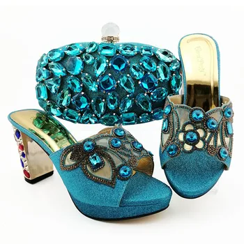 

Turquoise blue shinning rhinestones slippers shoes and clutches bag for big wedding party italian new shoes and bag set SB8395-6