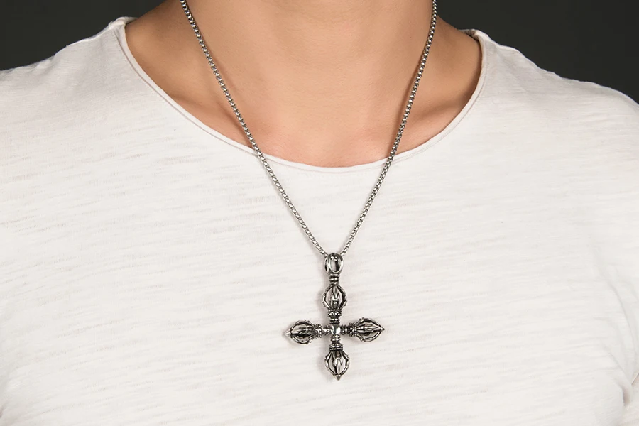 HOBBORN Punk Buddhism Vajra Pendant Necklaces Titanium Steel Buddhist Scripture Pendants Religious Cross Necklace Men Jewelry