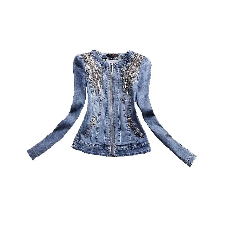 

New WOMEN Denim Jackets Outwear Jeans Coat Classical LADIES Fashion Slim Jeans Coats sequin Beading Female Jackets D1396