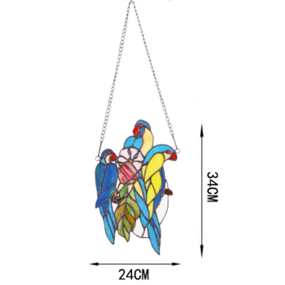 

Parrot with Flower Stained Glass Window Panel with Chain Leaded Glass Hanging Decoration