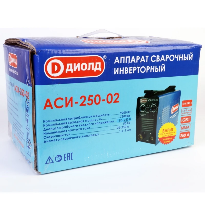Аппарат сварочный инверторный Диолд АСИ-250-02 (Напряжение питания 9200 В, Сварочный ток 20-250 А, продолжительность включения 60% 250A, макс.диаметр электрода 5 мм)
